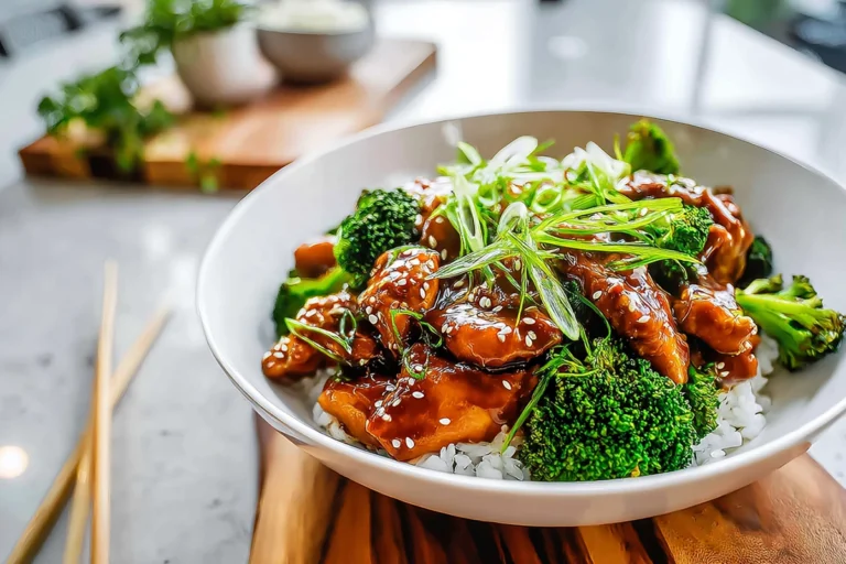 photorealistic teriyaki chicken broccoli plated in a modern kitchen