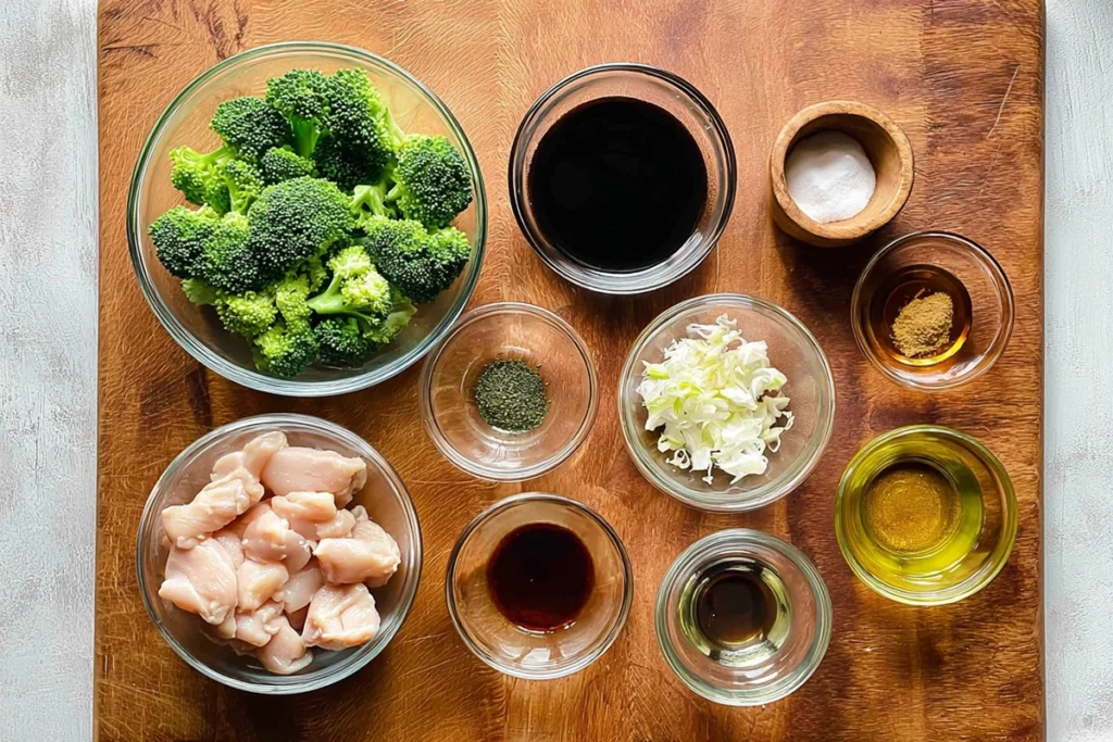 overhead ingredients layout for teriyaki chicken broccoli