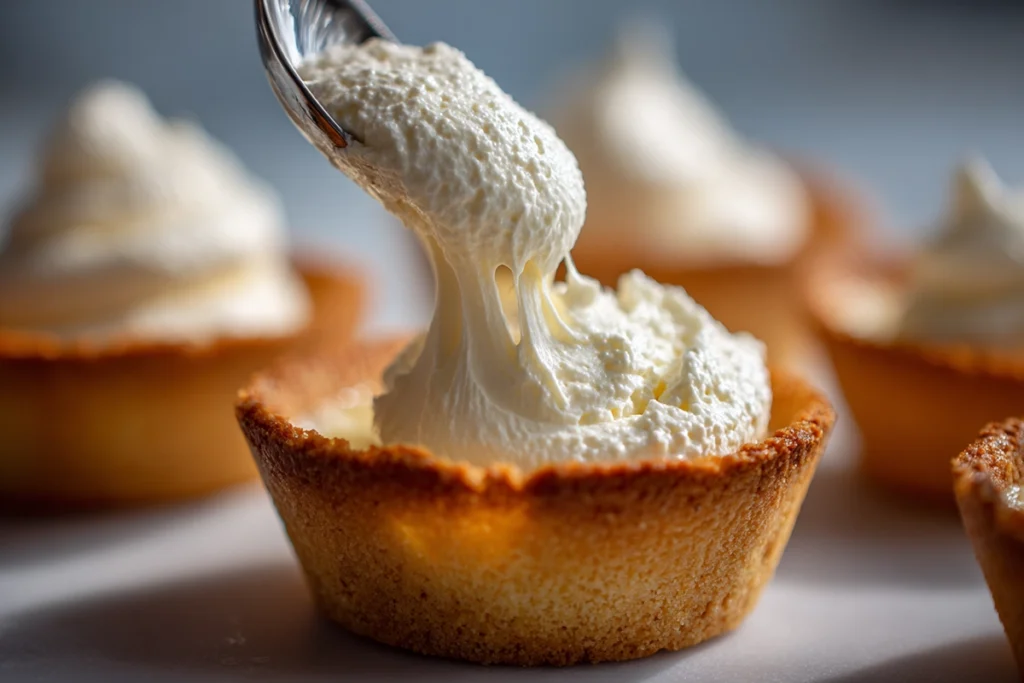 Macro close-up of tiramisu filling inside a cookie cup
