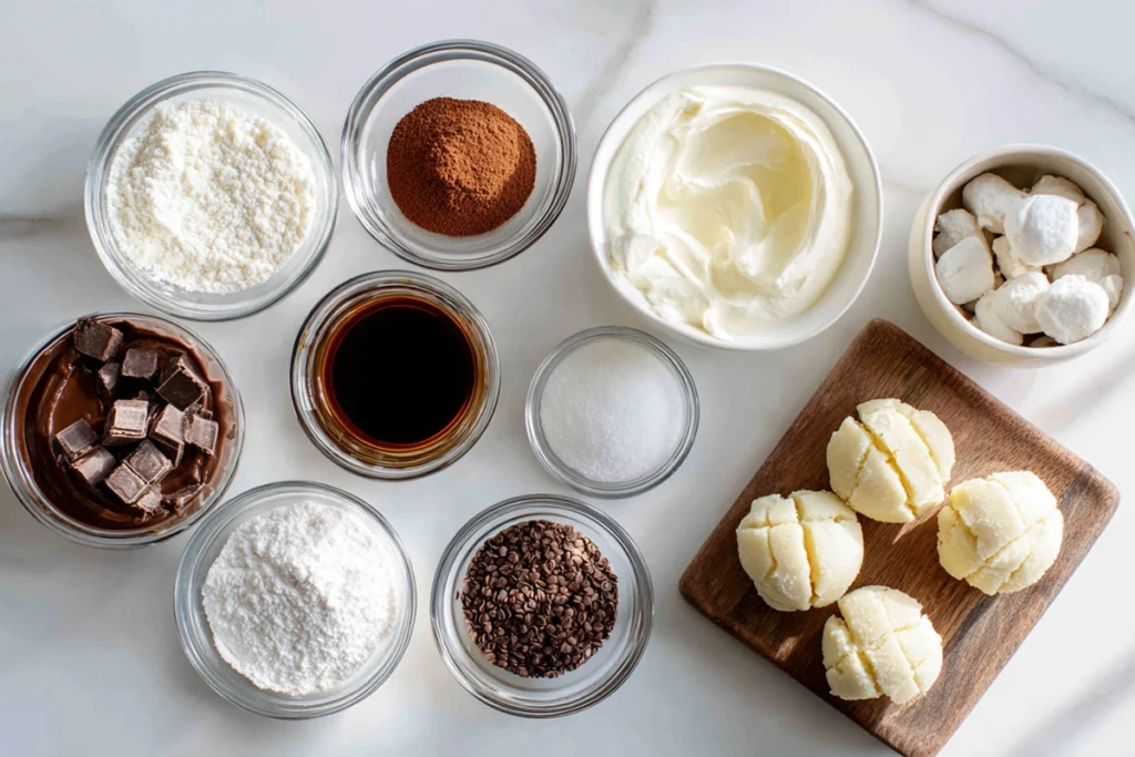 Overhead shot of tiramisu cookie cup ingredients arranged neatly