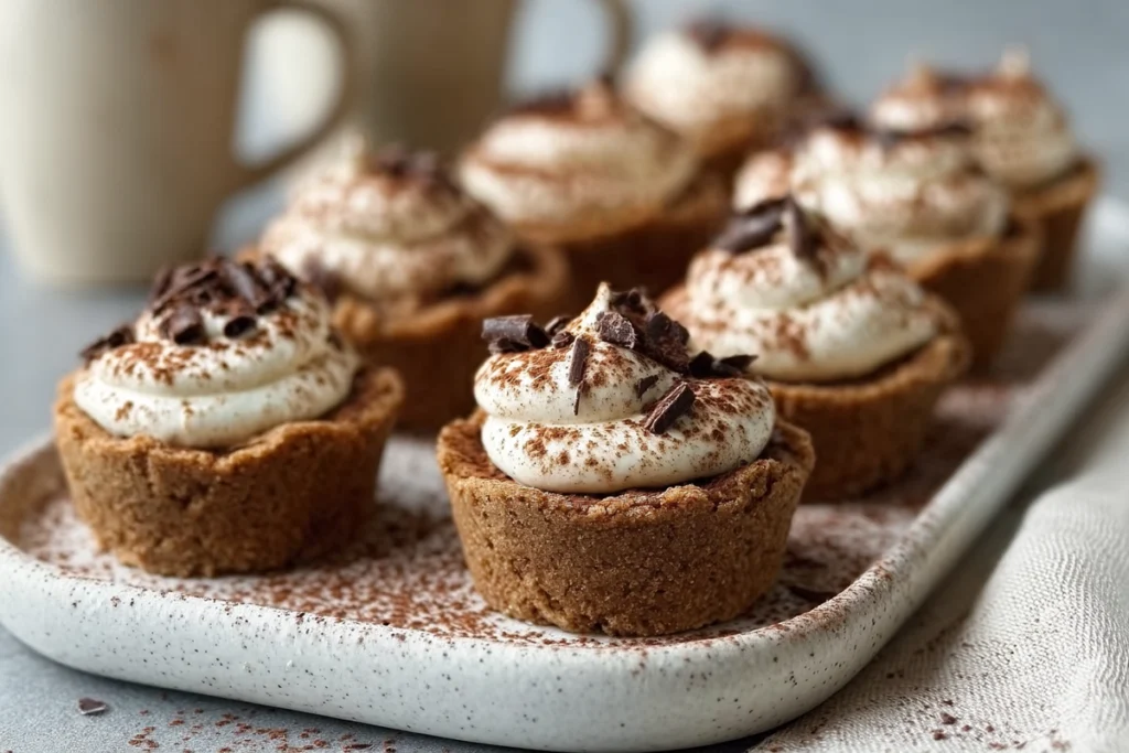 Finished tiramisu cookie cups arranged on a serving platter