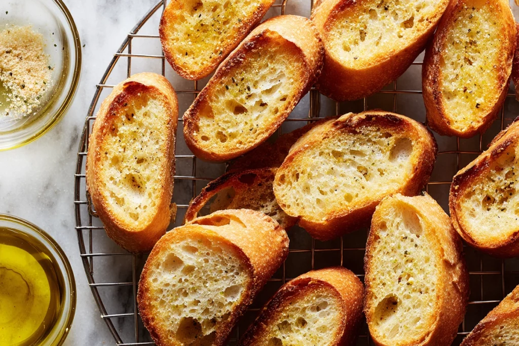 Overhead image of toasted crostini for Garlic Shrimp Avocado Crostini