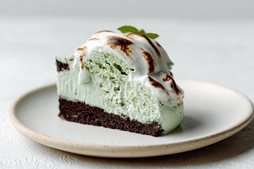 toasted meringue close-up texture on brownie baked alaska dessert