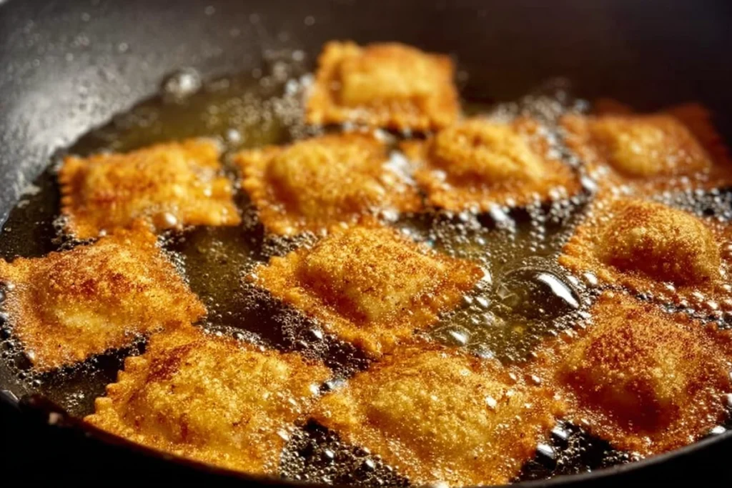 toasted ravioli frying in oil crispy golden brown bubbles