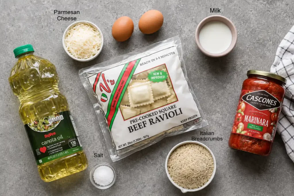Toasted Ravioli: A Crispy St. Louis-Style Appetizer 2 Toasted ravioli ingredients with eggs, milk, breadcrumbs, Parmesan, oil, and marinara