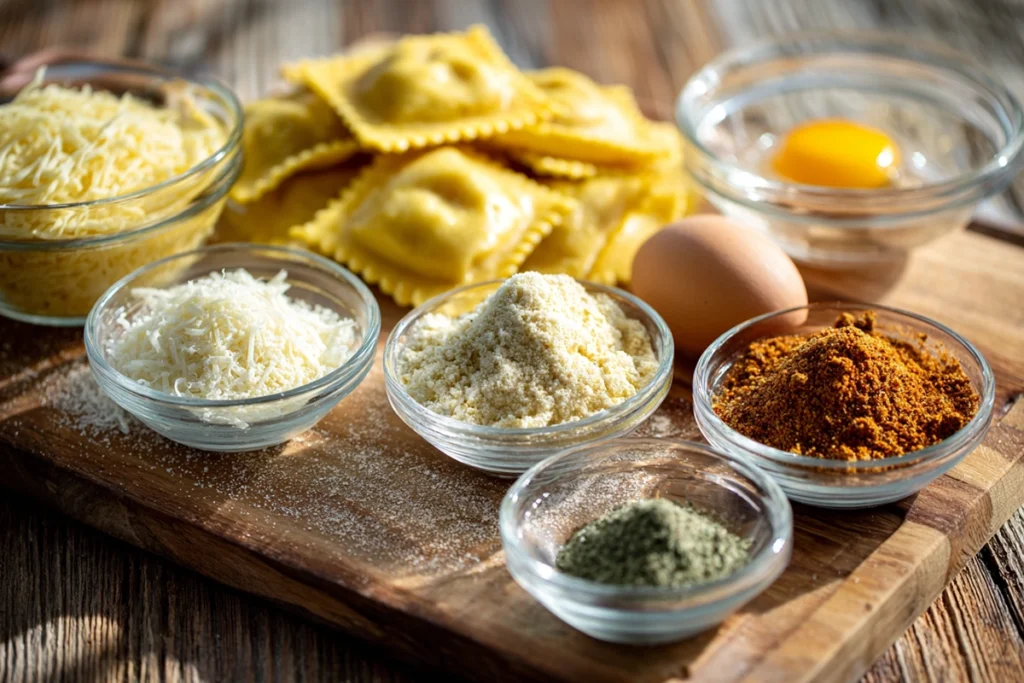 toasted ravioli ingredients fresh ravioli, breadcrumbs, Parmesan arranged on wooden board