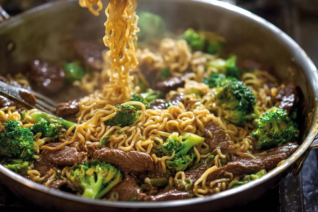 glistening ramen noodles tossed with beef and broccoli in skillet under natural daylight