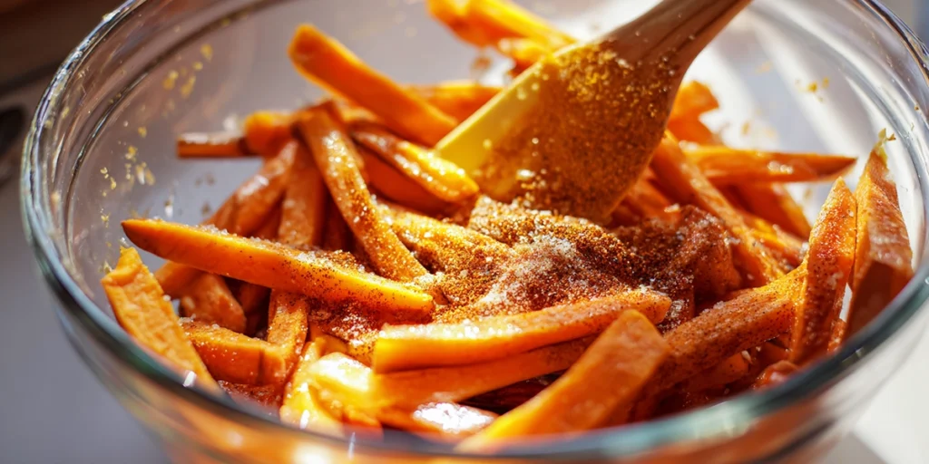Tossing sweet potato fries with olive oil, garlic powder, and paprika in a glass mixing bowl.