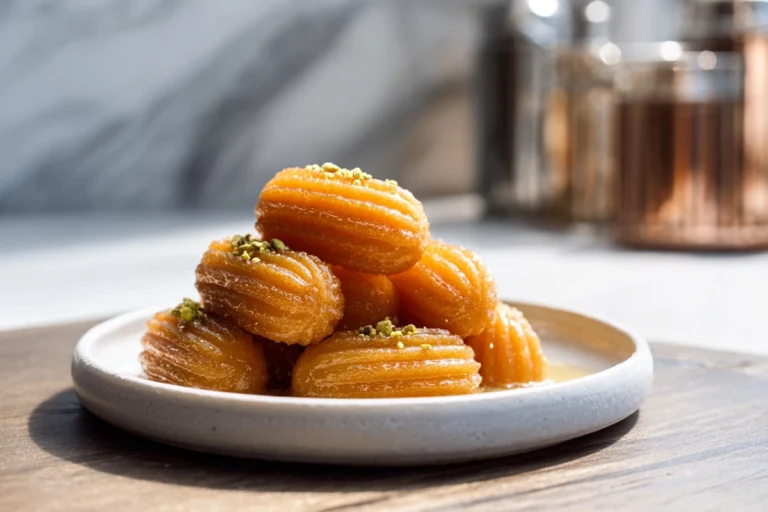 photorealistic tulumba dessert on plate in modern kitchen