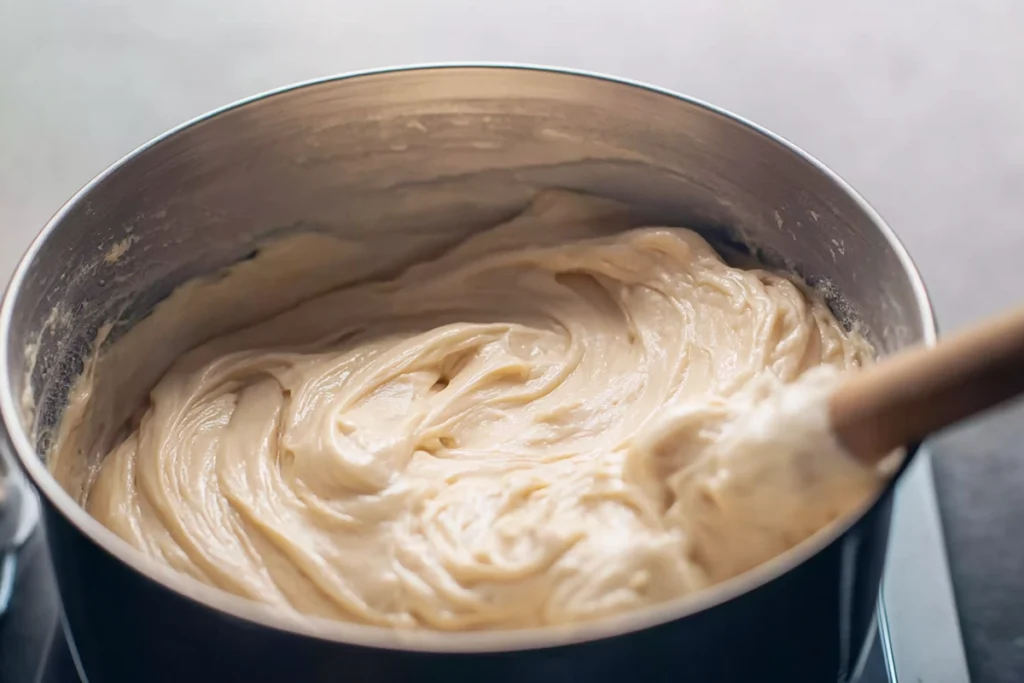 close-up view of tulumba dough texture in mixing bowl