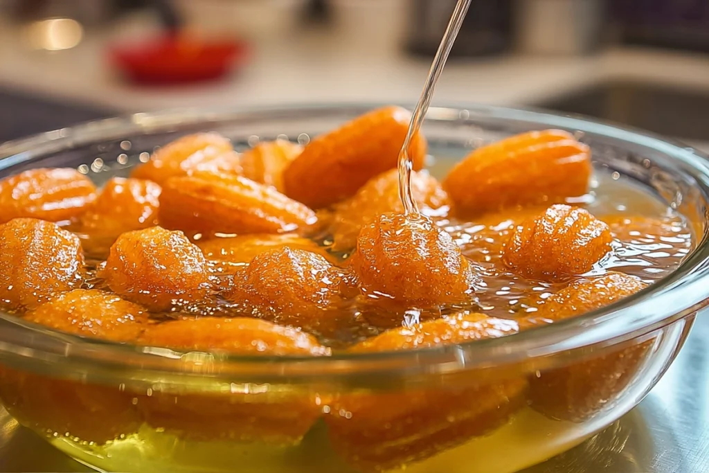 close-up tulumba soaking in chilled lemon syrup