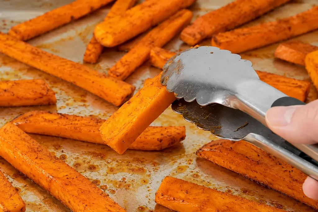 Oven Baked Sweet Potato Fries being turned halfway through baking