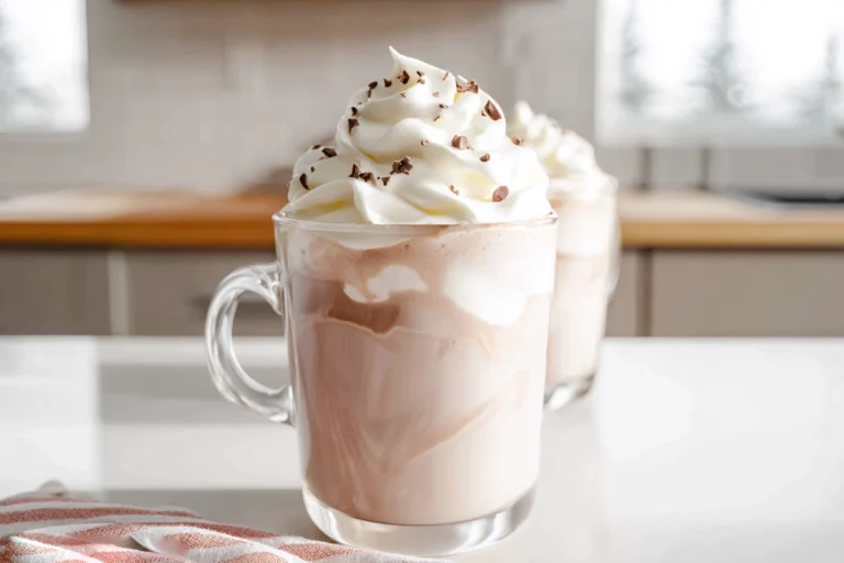 whipped hot chocolate hero shot with fluffy whipped topping in modern kitchen