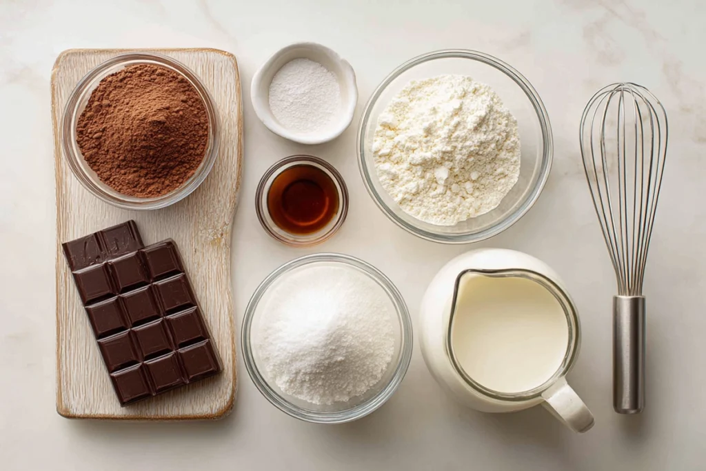 overhead shot of whipped hot chocolate ingredients arranged in glass bowls