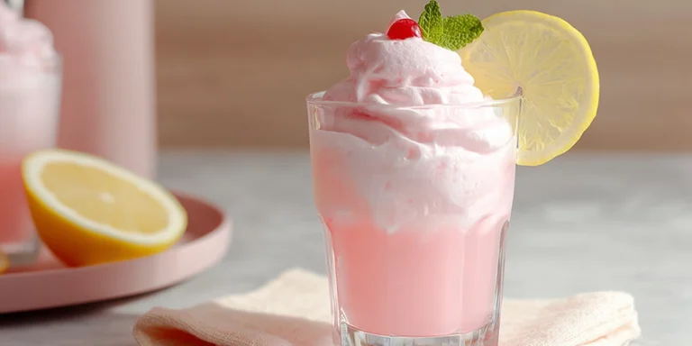 Whipped pink lemonade in a modern kitchen with whipped topping, mint, and lemon garnish.