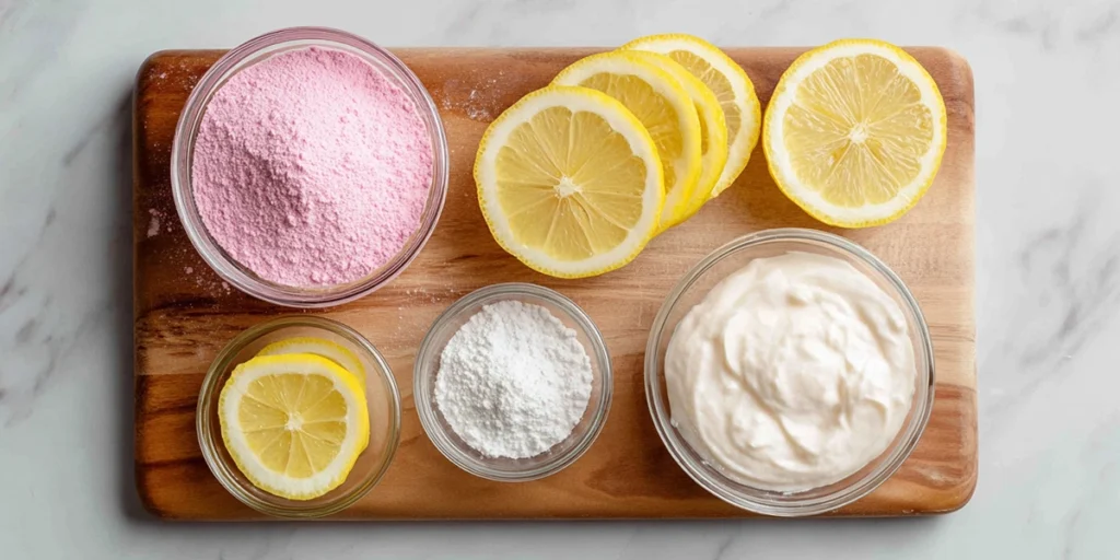 Ingredients for whipped pink lemonade including lemon slices, heavy cream, and powdered sugar.
