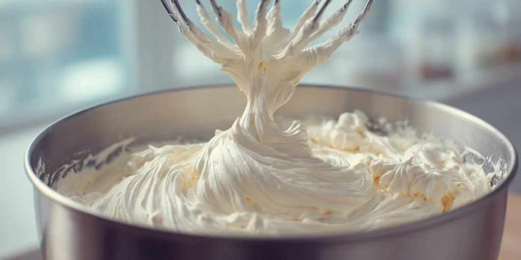 Whipped topping for pink lemonade being prepared in a modern kitchen with soft peaks.