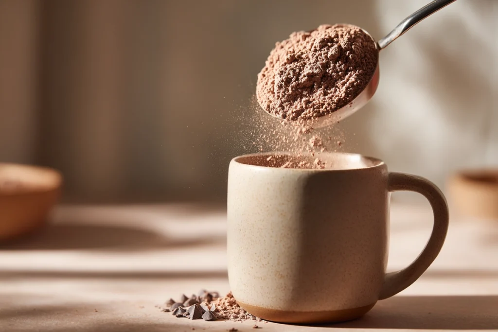 close-up of semi-homemade hot chocolate mix being scooped into mug
