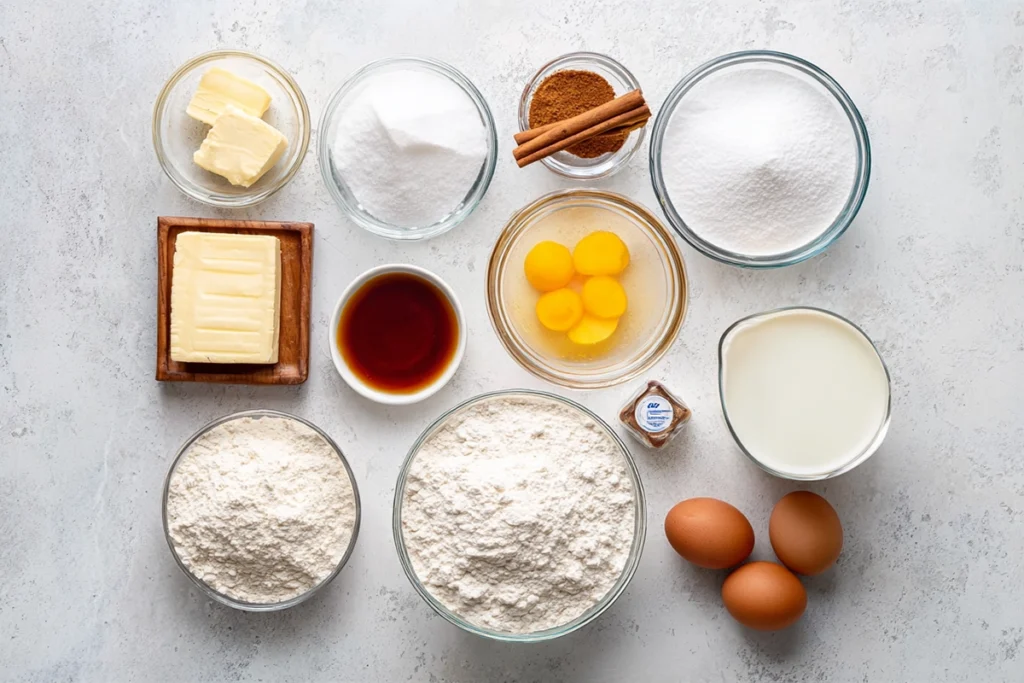 Overhead ingredients layout for yeast risen dessert on modern kitchen counter