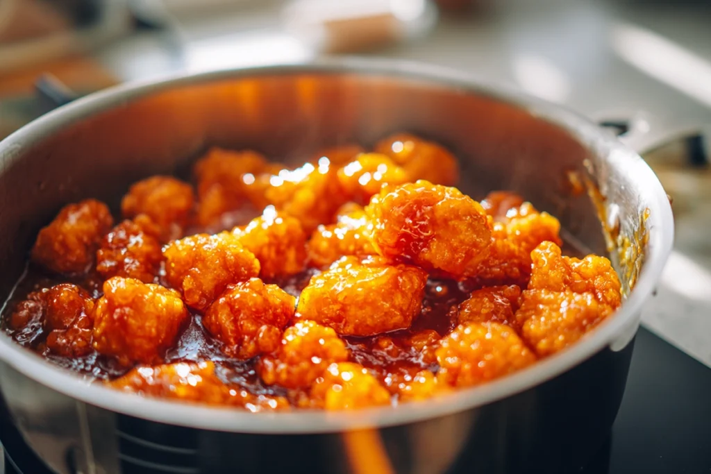 Chicken being coated in orange glaze for 3 Ingredient Orange Chicken recipe