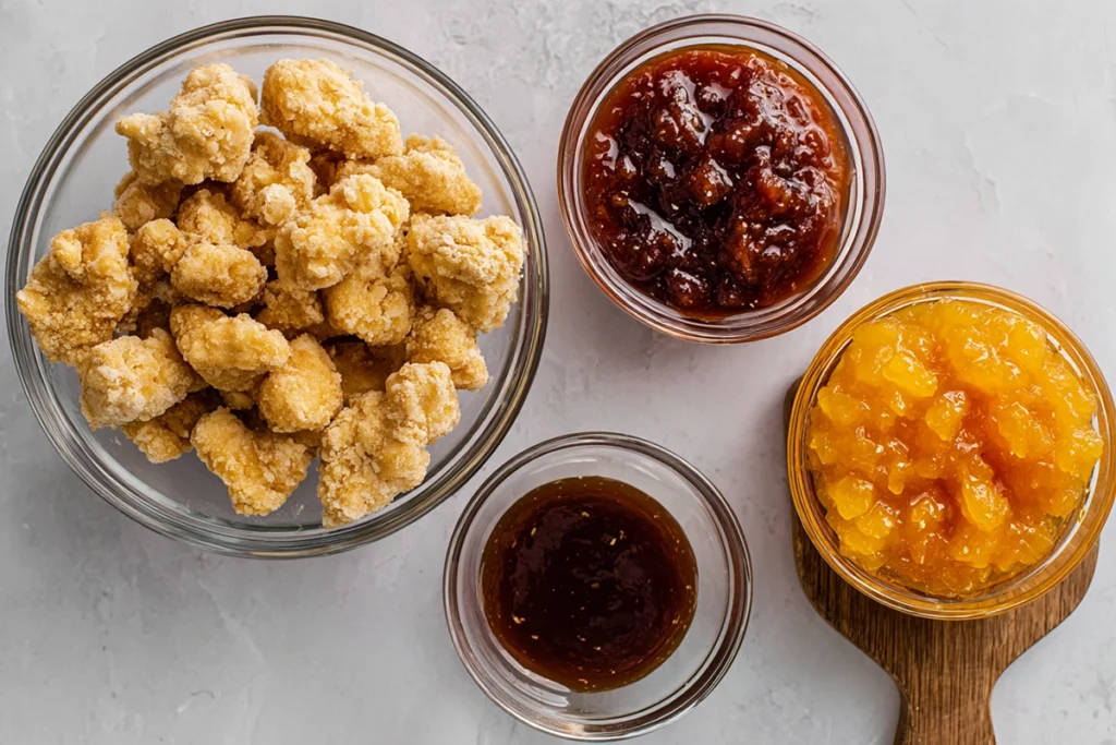 Ingredients for 3 Ingredient Orange Chicken arranged in glass bowls and on a wooden board