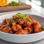 Hero shot of 3 Ingredient Orange Chicken plated with glossy orange glaze in a modern kitchen