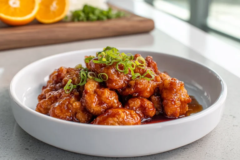 Hero shot of 3 Ingredient Orange Chicken plated with glossy orange glaze in a modern kitchen