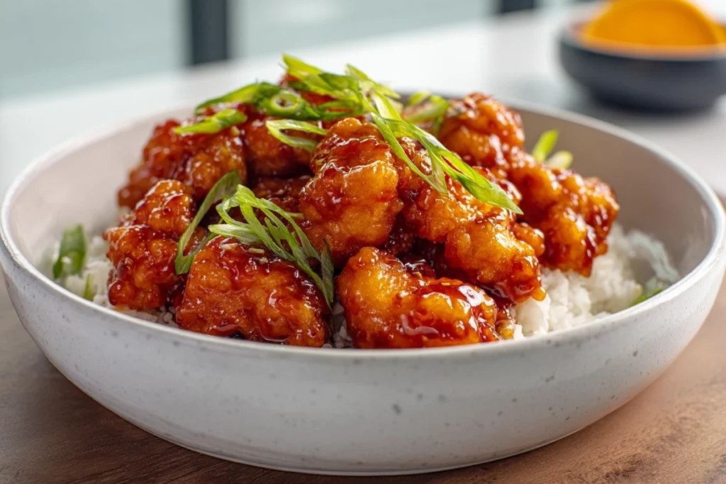 Serving bowl of 3 Ingredient Orange Chicken with rice in a modern kitchen