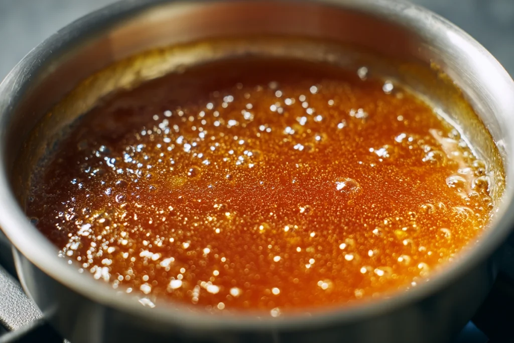 Simmering orange marmalade and BBQ sauce mixture for 3 Ingredient Orange Chicken