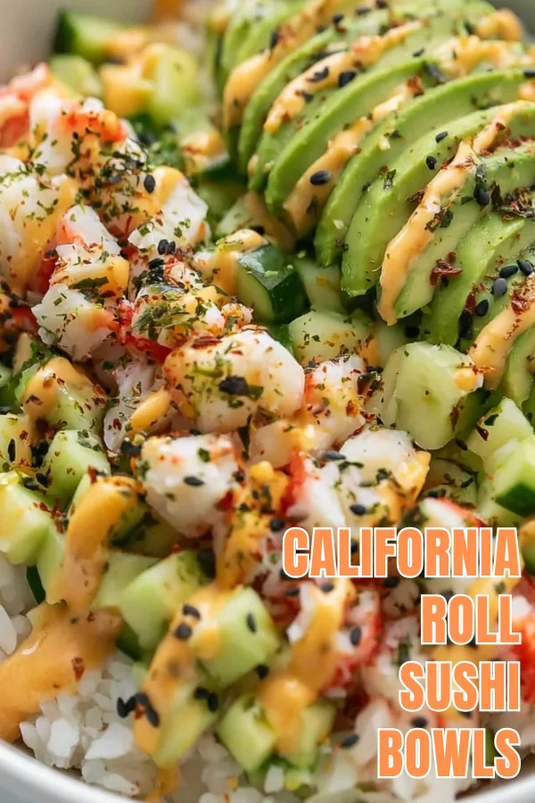 California Roll Sushi Bowls with Creamy Spicy Mayo 6 California Roll Sushi Bowls recipe with crab, avocado, cucumber, nori, and spicy mayo
