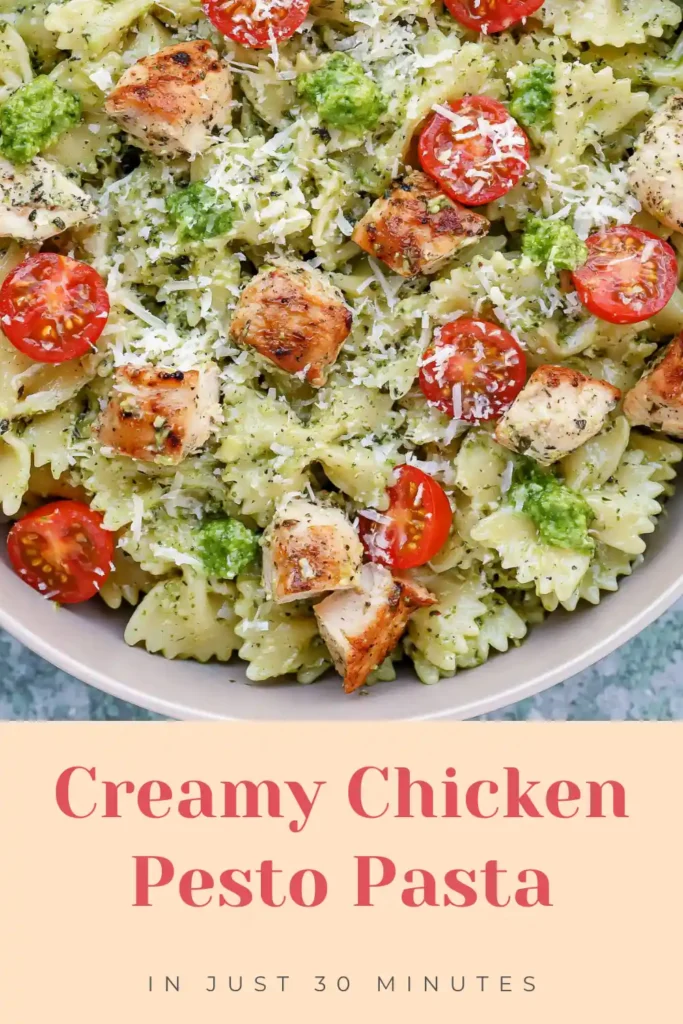 Chicken Pesto Pasta with a Creamy 30-Minute Sauce 12 Creamy Chicken Pesto Pasta recipe with seasoned chicken, basil pesto, Parmesan, and cherry tomatoes