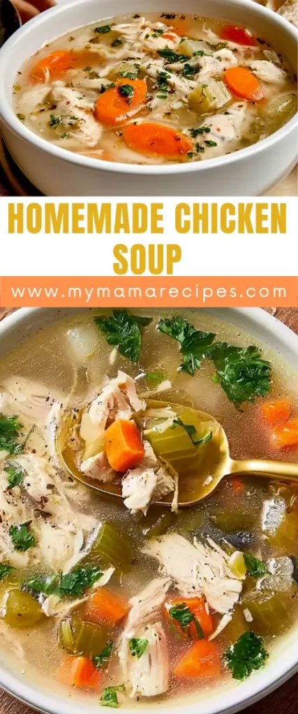 Homemade Chicken Soup with Tender Chicken and Vegetables 7 Finished homemade chicken soup with tender chicken, carrots, celery, and onion in golden broth