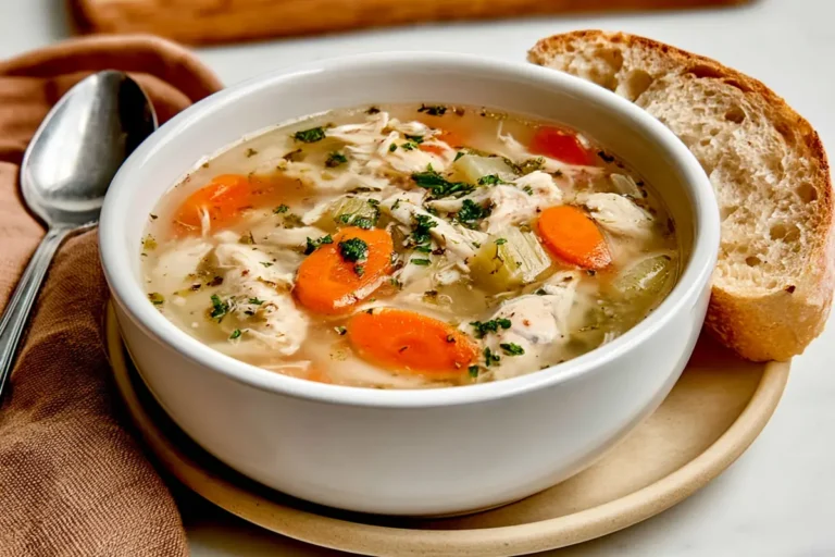 Homemade Chicken Soup with Tender Chicken and Vegetables 10 Mohamed Ayad's Homemade Chicken Soup Recipe with whole chicken, carrots, celery, onion, and seasoningsin golden broth