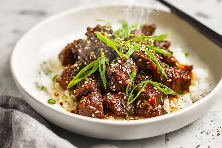 Slow Cooker Korean Beef plated with sauce, green onions, and sesame seeds