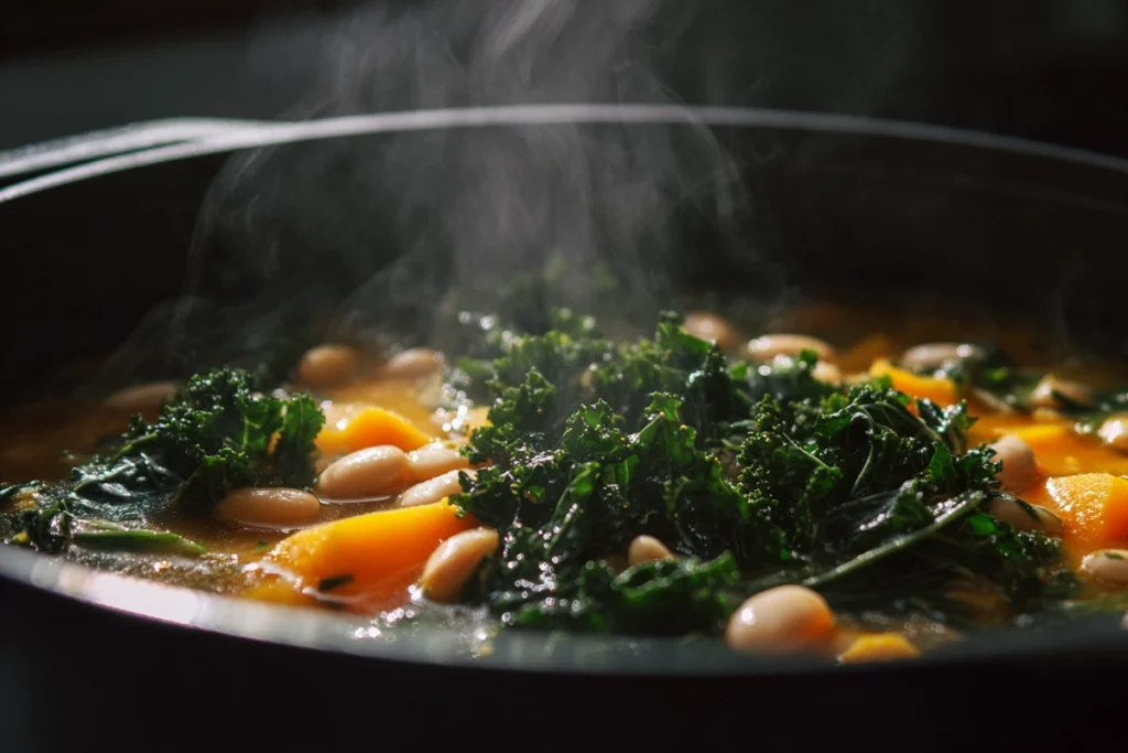 Adding kale and white beans to Butternut Squash Kale White Bean Soup in a modern kitchen