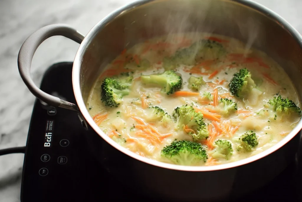 adding broccoli and carrots to broccoli cheddar soup base