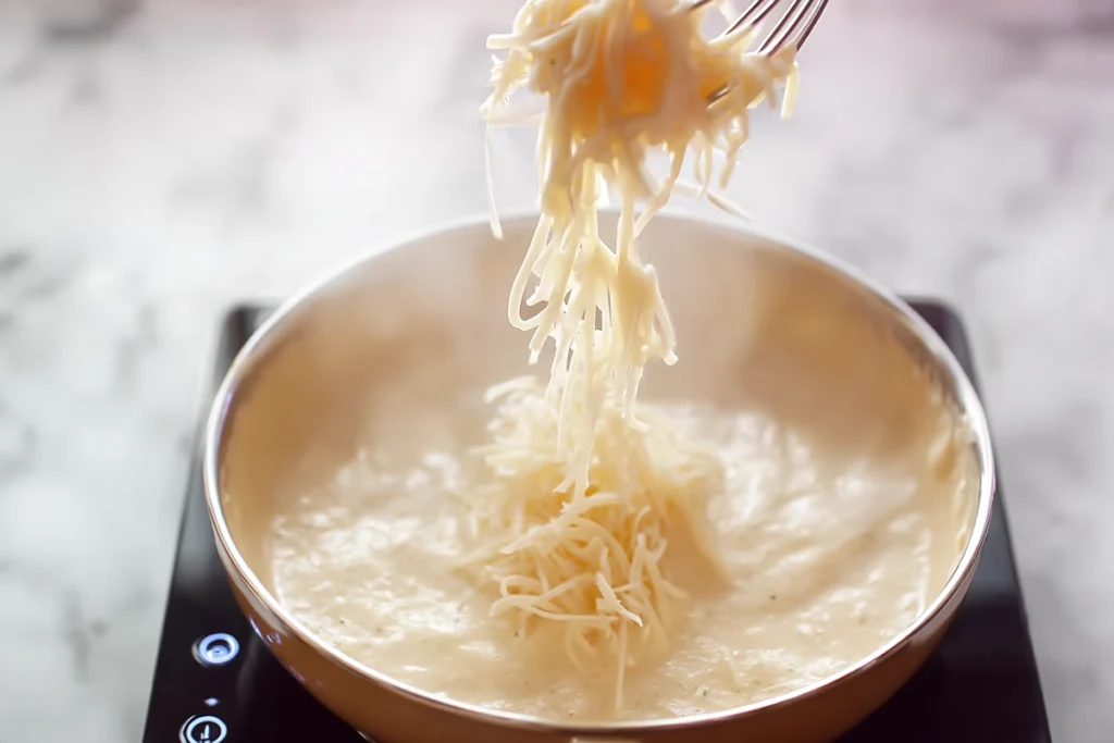 Close-up view of cheddar melting into Copycat Panera Broccoli Cheddar Soup