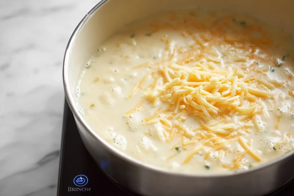 cheddar melting into broccoli cheddar soup during cooking