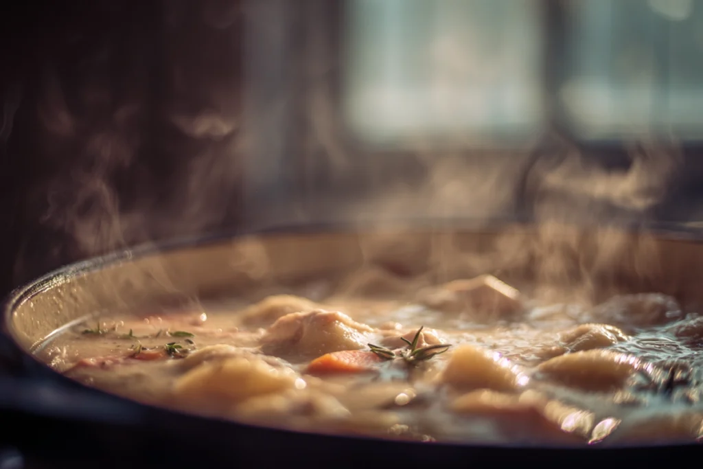 Potato gnocchi simmering in Olive Garden Chicken Gnocchi Soup broth