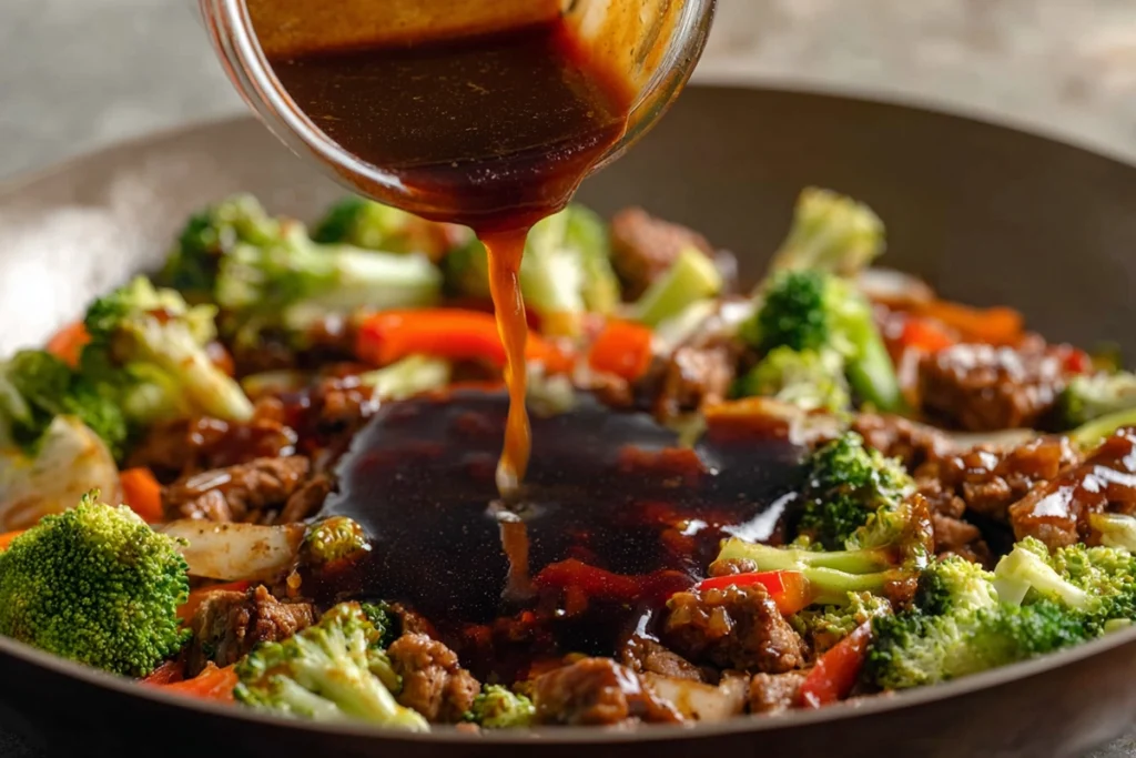 Teriyaki sauce pouring into skillet for Ground Turkey Teriyaki Stir Fry