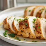 Juicy air fryer chicken breasts sliced and plated in a modern kitchen