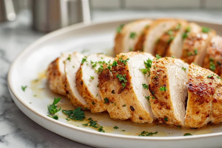 Juicy air fryer chicken breasts sliced and plated in a modern kitchen