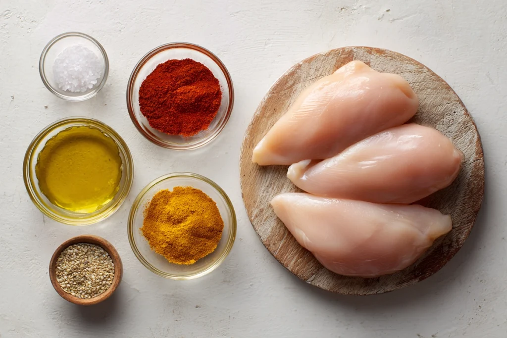 Ingredients for air fryer chicken breasts arranged in glass bowls on a modern kitchen counter
