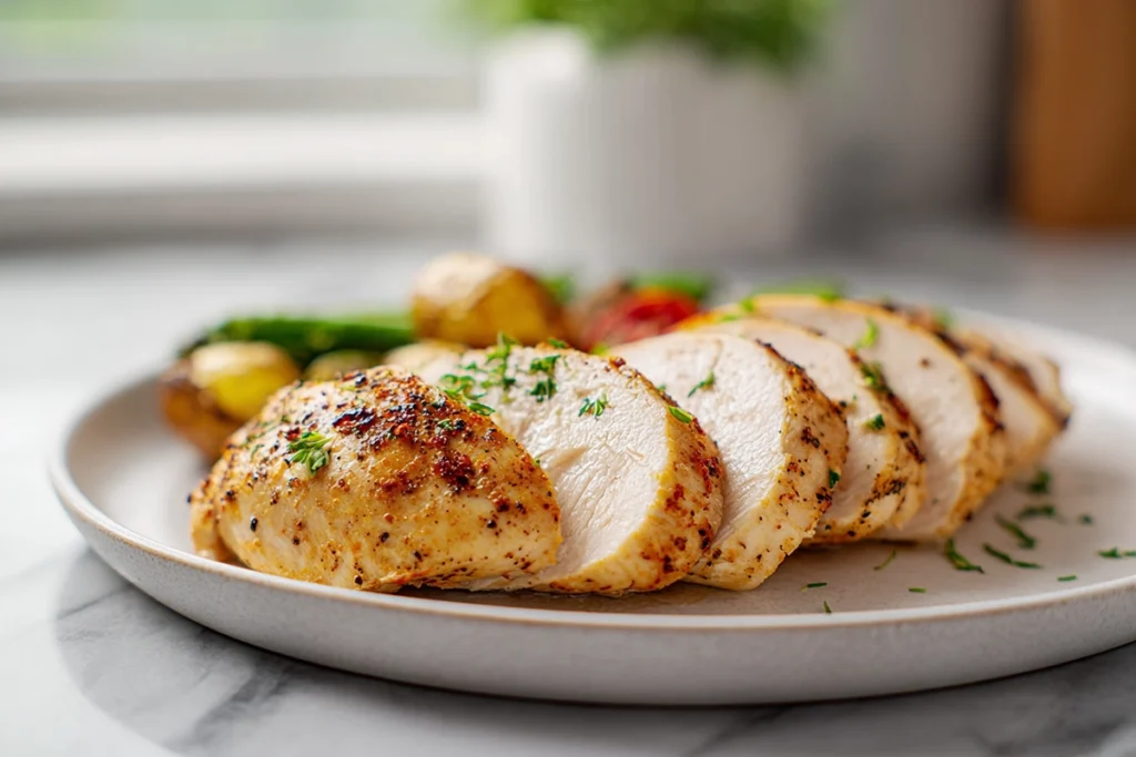Sliced air fryer chicken breasts served with vegetables in a modern kitchen