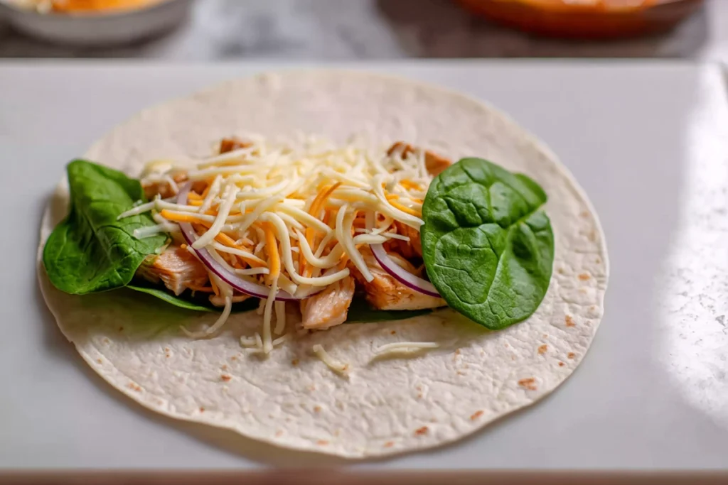Air Fryer Chicken Mozzarella Wraps That Stay Crispy, Cheesy, and Easy 9 Assembling Air Fryer Chicken Mozzarella Wraps with chicken and cheese