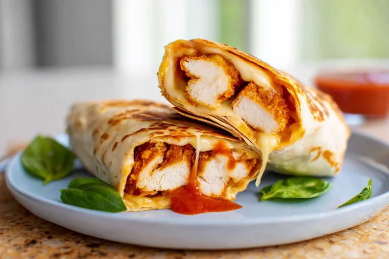 Air Fryer Chicken Mozzarella Wraps sliced open with melted cheese