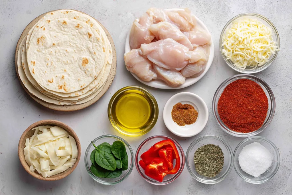 Air Fryer Chicken Mozzarella Wraps That Stay Crispy, Cheesy, and Easy 7 Ingredients for Air Fryer Chicken Mozzarella Wraps arranged overhead