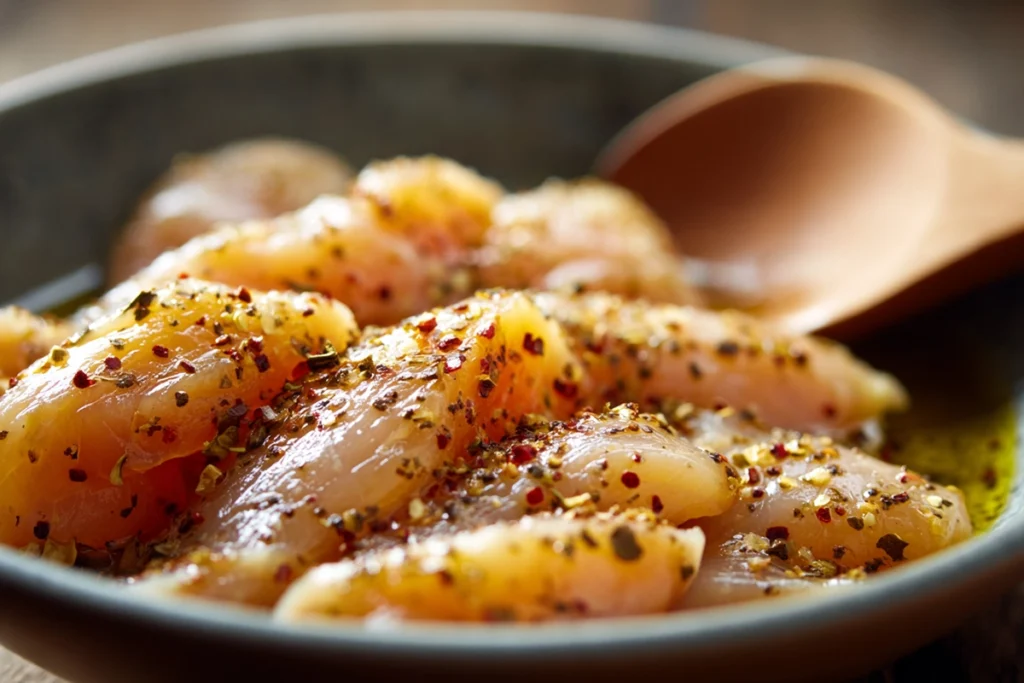 Air Fryer Chicken Mozzarella Wraps That Stay Crispy, Cheesy, and Easy 8 Seasoned chicken prepared for Air Fryer Chicken Mozzarella Wraps