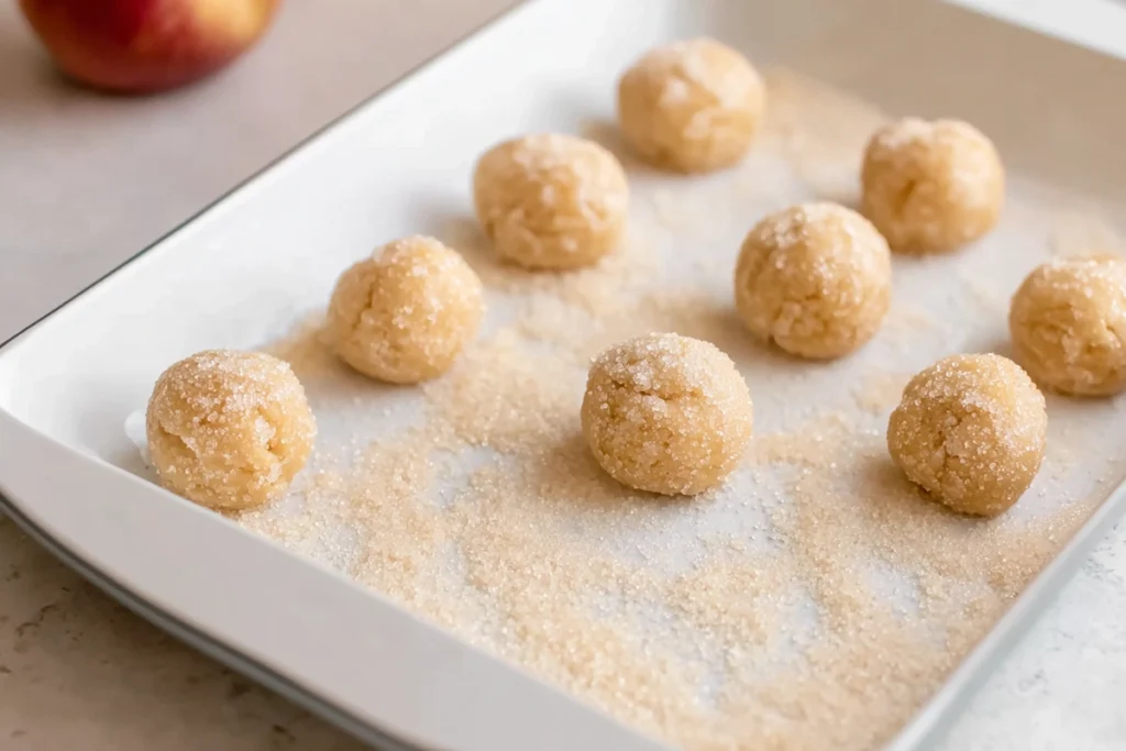 dough balls for apple cider buttons being rolled in turbinado sugar