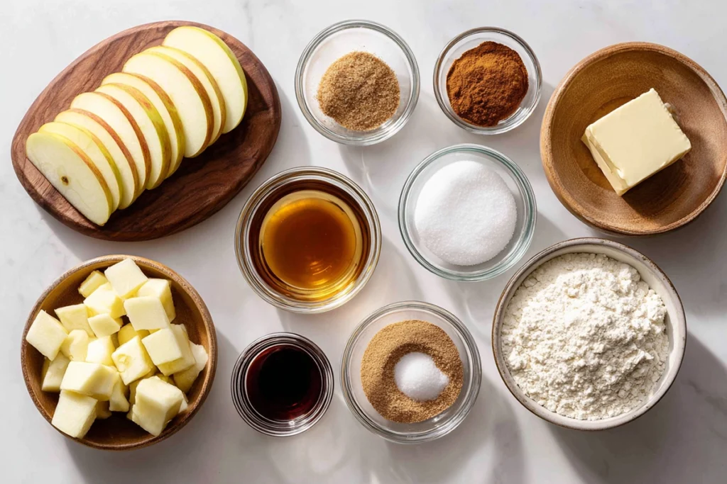 Overhead view of apple slice bake cookies ingredients arranged neatly on modern counter